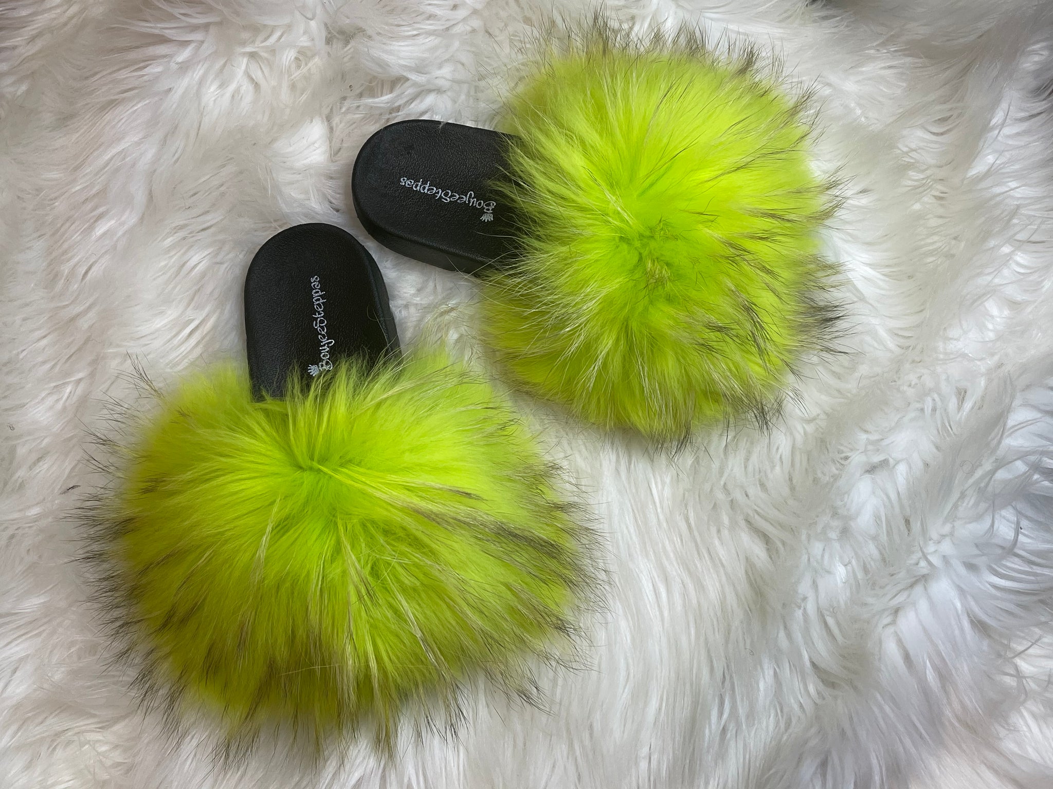 Lime green hot sale furry slides